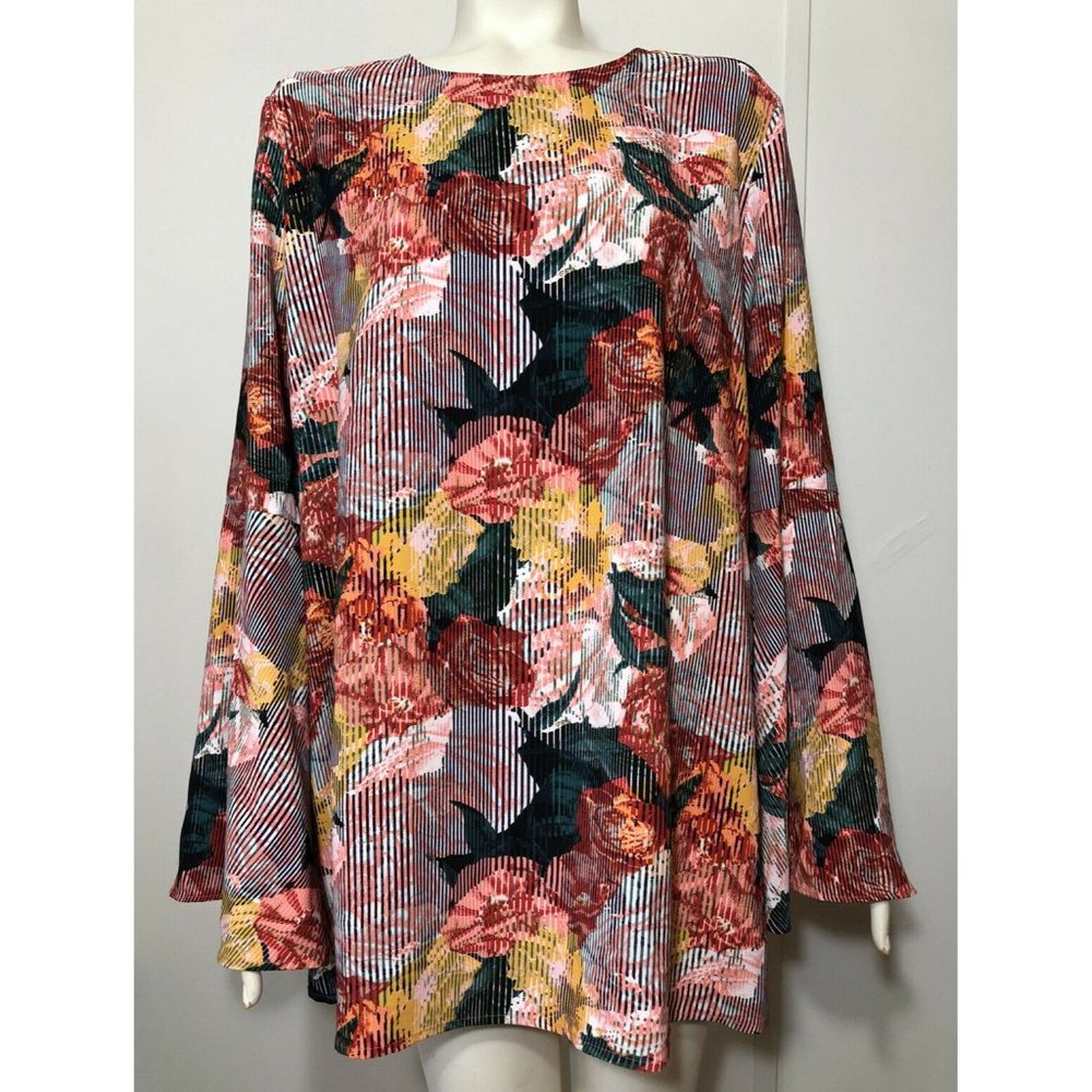 Halogen Floral Tunic Top Bell Sleeves Tie Back